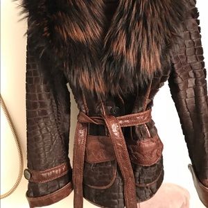 fox collar, mink shearling, leather accents jacket